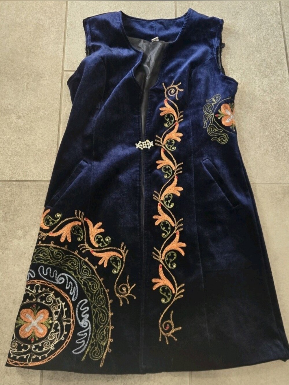 Ethnic Embroidered Velvet Long Vest Waistcoat Blue Orange Kyrgyzstan Size 48